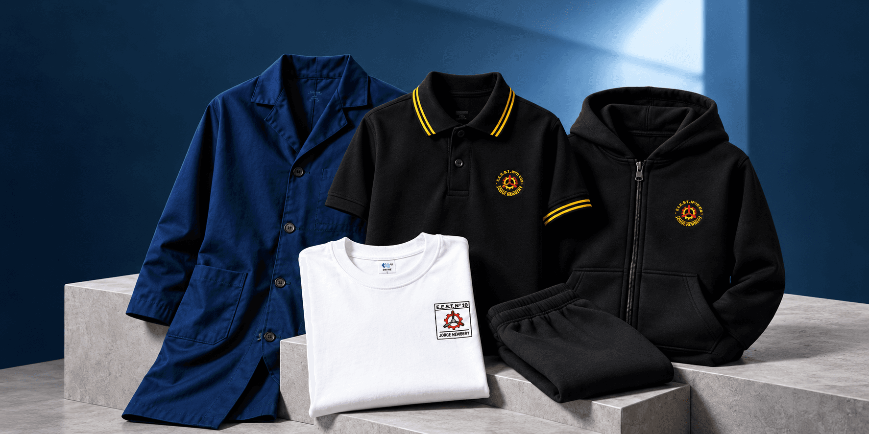 Uniformes Jorge Newbery: blazer azul, chomba negra, buzo negro y remera blanca sobre plataformas de piedra