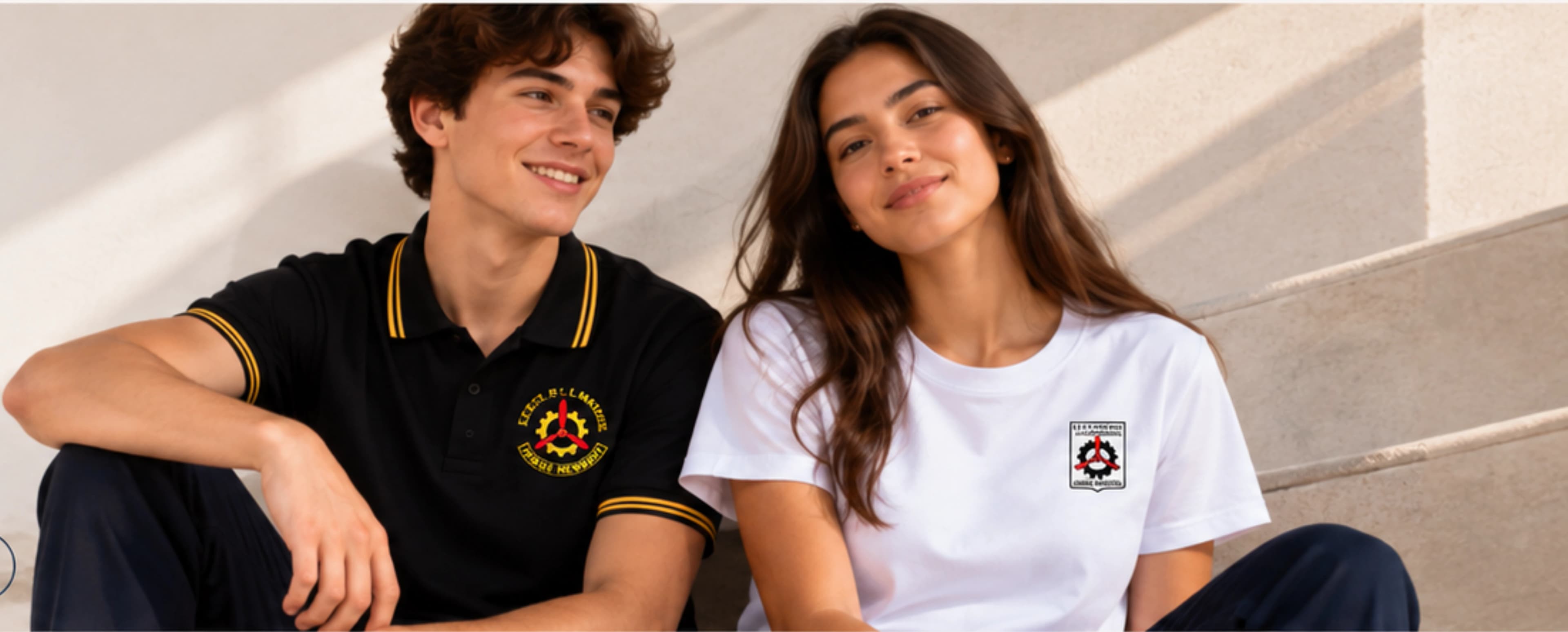 Dos estudiantes con prendas de la colección Jorge Newbery