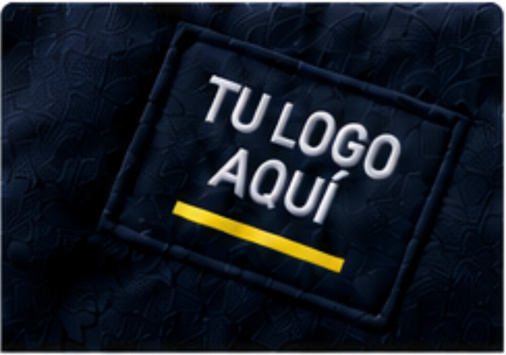 Textura azul de prenda con un parche que dice Tu logo aquí